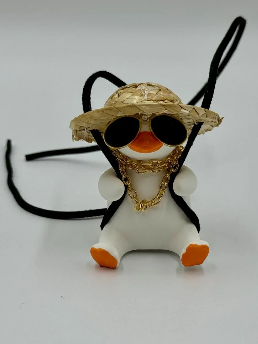Ceramic Duck With Straw Hat, Sunglasses, Gold Necklace & Orange Backpack
